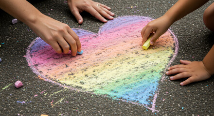 Woman and child drawing large rainbow heart with chalk on asphalt, symbolizing love, diversity, and hope. Children's art activity for Pride month.