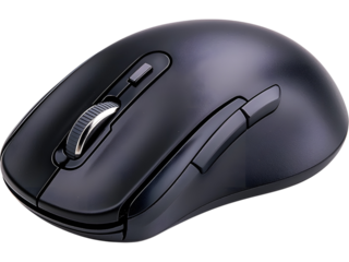 Black wireless computer mouse isolated on white background. Ideal for office, technology, and modern gadget design.