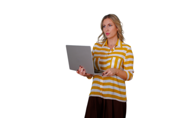 Woman holding laptop, thinking, creating innovative solution, concentrating on problem solving, transparent background