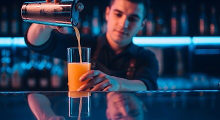 A bartender pouring a vibrant orange-colored beverage into a glass at a modern bar with colorful lighting effects creating a lively atmosphere