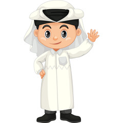 Cartoon Young Arab Boy Wearing Traditional White Thobe and Ghutra Waving Hand Friendly Gesture Isolated Transparent Background