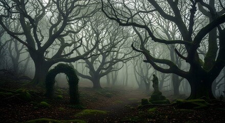 A mysterious and eerie forest scene with twisted trees, fog, and ancient stone structures creating a haunting atmosphere