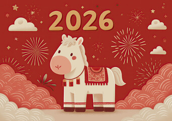 Naklejka premium Festive 2026 Chinese New Year scene with decorated horse and fireworks.