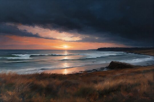 Dramatic sunset over beach, dark clouds loom above. Golden light reflects on wet sand and gentle waves rolling in from ocean horizon.