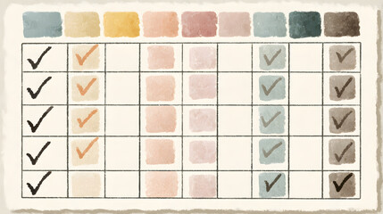 Flat vector habit tracker with clean grid, round check marks, soft muted pastels, aesthetic planner style, modern minimal organization.