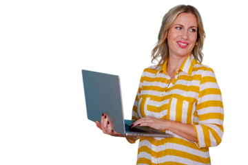 Blonde business woman working on laptop, smiling, standing, typing, professional and looking away with transparent background