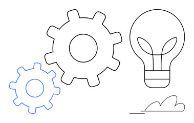 Light bulb symbolizes ideas while two interlocking gears represent process and productivity. Ideal for teamwork, innovation, creativity, technology, progress, development, strategy. Simple flat