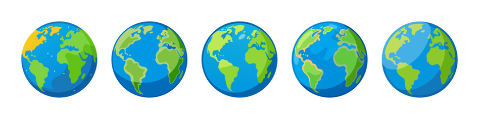 Naklejka premium Five cartoon world globes displaying various continents and ocean views