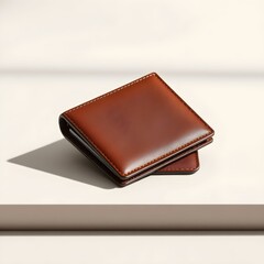 Elegant brown leather wallet on a white surface, casting a soft shadow.