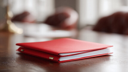 Closeup of a red journal or planner on a wooden conference table. Concept for organization, productivity, meetings, and recordkeeping. Suitable for business, education, or personal development.