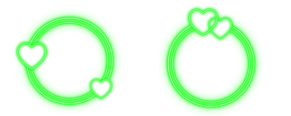 Green circle  frame heart line set neon light colorful shaped object elements isolated on white background