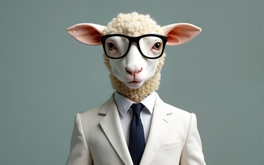 a sheep in a business suit,sheep businessman in a white business suit with glasses, generative ai. High quality