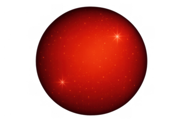 Red glowing sphere with sparkling glitter texture isolated on transparent background, reflecting light, concept of energy and celebration