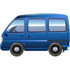 Side View of a Blue Mini Van Vehicle with Tinted Windows and Chrome Hubcaps Against a White Background