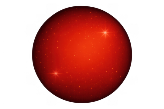 Red glowing sphere with sparkling glitter texture isolated on transparent background, reflecting light, concept of energy and celebration