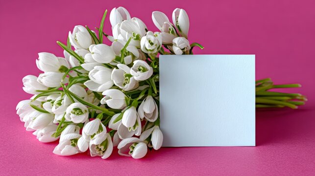 Bouquet of white flowers sits on a pink background with a blank card next to it. The card is white and has no writing on it. Concept of simplicity and elegance, as the white flowers - Powered by Adobe