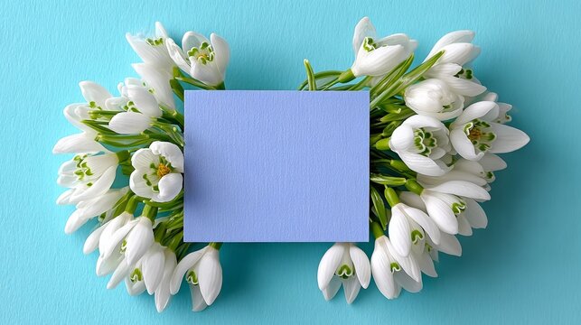 Blue card with a white flower on it. The card is empty. The flowers are white and are arranged in a way that they are surrounding the card