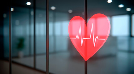 Red heart with white ECG line icon displayed on glass wall in modern office symbolizing health and wellness at work