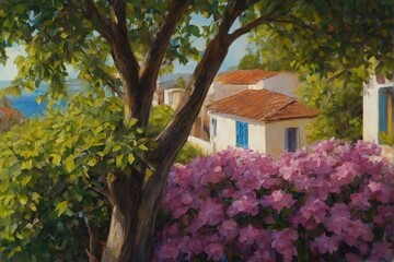 A serene coastal village perched on a cliffside, featuring whitewashed buildings with terracotta roofs nestled among vibrant purple flowers. The scene captures the tranquil beauty of Mediterranean arc