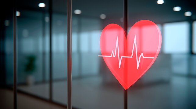 Red heart with white ECG line icon displayed on glass wall in modern office symbolizing health and wellness at work