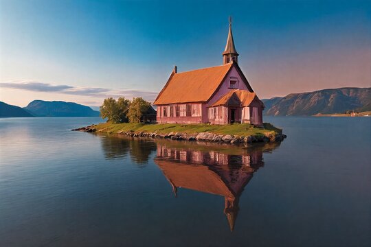 Pink chapel on lake island, mirrored in calm waters, surrounded by mountains under serene twilight sky.