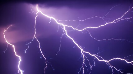 Jagged purple lightning bolts illuminate dark stormy sky thunder electricity