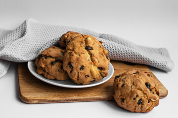 Delicious cookies with raisins and peanuts. Homemade. Cookie photo for recipes, articles, posts and advertising.