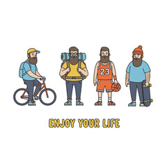 Four male characters with beards representing an active and enjoyable lifestyle. Includes a cyclist, hiker, basketball player, and skateboarder in a flat vector design