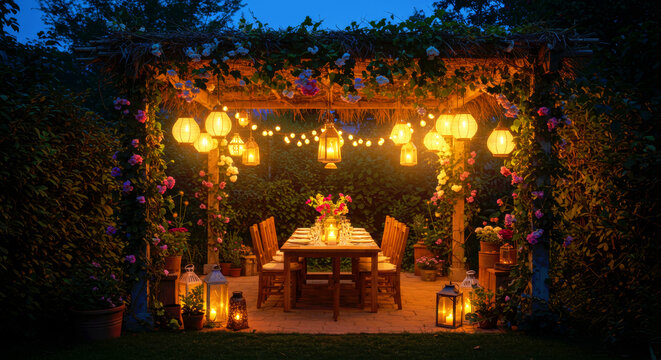 Cozy outdoor dining area at night adorned with string lights and lanterns, set up for a romantic dinner or garden party.