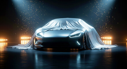 New car hidden under a white sheet with headlights on at a presentation or reveal event. Vehicle launch ready for unveiling.