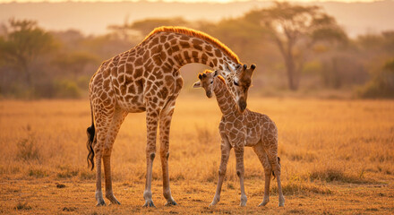 Adult giraffe bending its neck toward a baby giraffe in an affectionate pose, standing in a golden field during sunset for wildlife and nature themes.