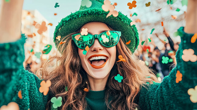 Happy Woman in Green St. Patrick's Day Hat and Sunglasses, Beaming with Joy Amidst Cascade of Festive Shamrock Confetti