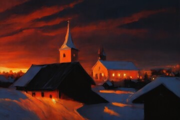 Blurred red lanterns and string lights glow softly against a dark background, with scattered white specks resembling falling snow or glitter  evoking warmth, celebration, and festive winter atmosphere