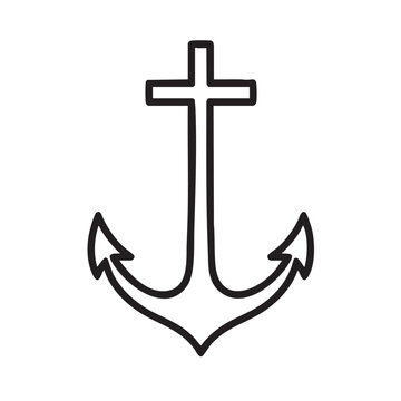 a simple black and white line drawing depicts a christian anchor symbol with curved flukes