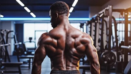 Muscular man showing back muscles strong physique fitness and bodybuilding concept
