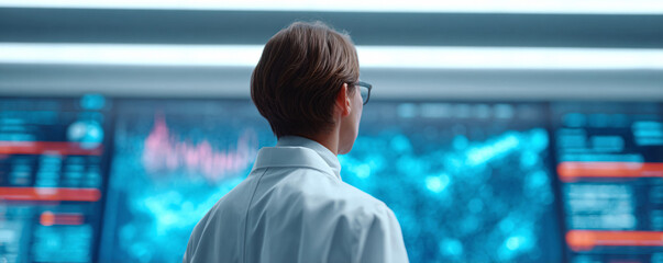 A scientist in lab coat analyzes data on a large screen. Focus, innovation, and technological advancement concept. Great for science or research themes.