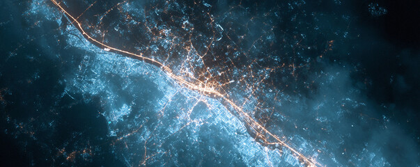 Aerial view of a city at night, illuminated by glowing lights. Concept for urban planning, infrastructure, or the digital age. Striking visuals with a cosmic feel.
