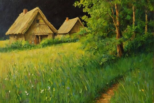 A serene countryside scene featuring rustic wooden cottages with thatched roofs nestled in a vibrant green field under a dark, starry sky. Lush trees and wildflowers frame the tranquil landscape, evok