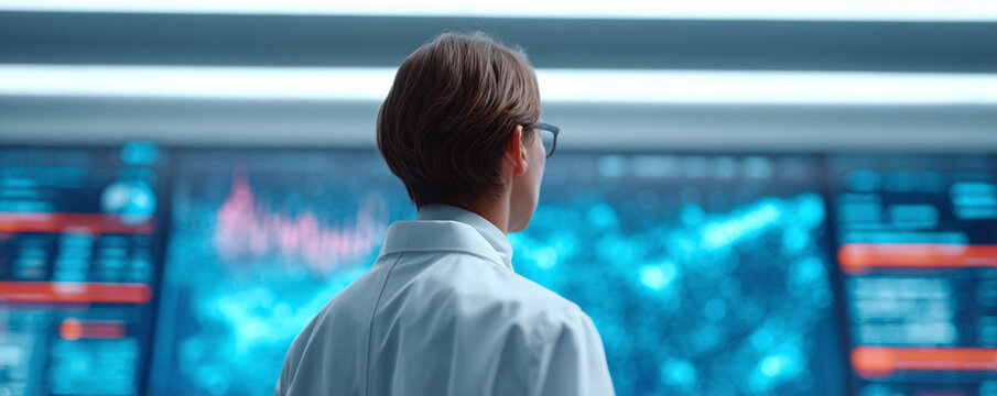 A scientist in lab coat analyzes data on a large screen. Focus, innovation, and technological advancement concept. Great for science or research themes. - Powered by Adobe