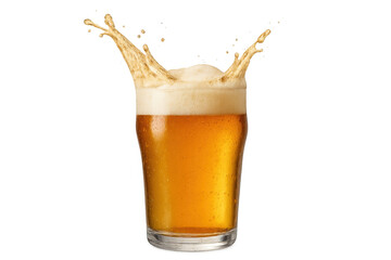 Golden beer splashing from glass with frothy foam, refreshing beverage for celebration and party, transparent background