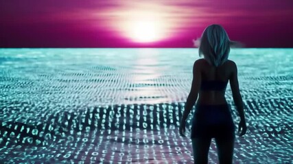 A woman's silhouette looks out at a sunset over a surreal, flowing ocean of glowing digital code - Powered by Adobe