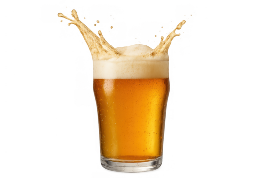 Golden beer splashing from glass with frothy foam, refreshing beverage for celebration and party, transparent background