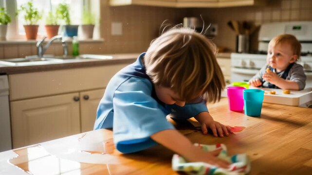 Adorable young boy cleaning up a spill in the kitchen while baby brother eats snacks in high chair footage.