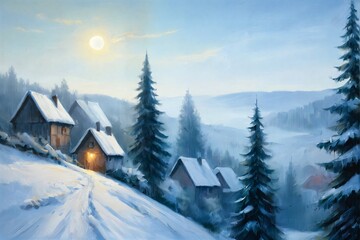 Fototapeta premium Winter village scene, snowy path, bare tree, cozy houses, two dogs walking, soft light, serene countryside atmosphere.