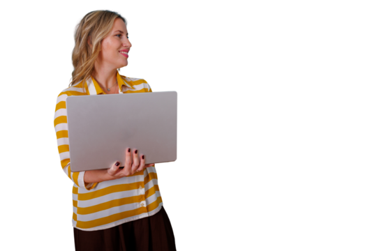 Woman holding a portable laptop, smiling and looking to the side, representing business, communication, and modern technology - Powered by Adobe