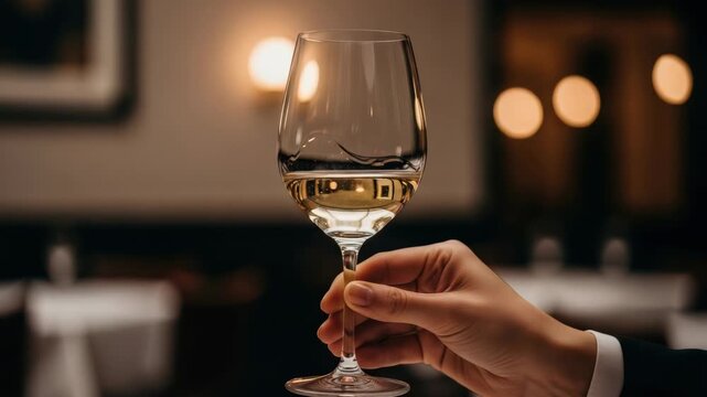 Close up of a man's hand swirling a glass of white wine at a fine dining establishment. Concept for a luxury celebration, anniversary dinner or wine tasting event