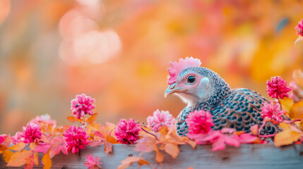 Sweet little chicken nestled among vivid pink dahlias and autumnal leaves, set against dreamy bokeh background in cozy fall scene