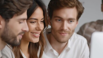 A group of coworkers gathers around a laptop in a bright office as they lean closer and adjust their focus while reviewing the screen together, maintaining engaged and concentrated expressions through
