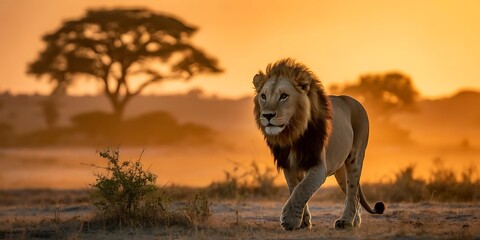 Male African lion walking across savanna at sunrise with acacia tree male lion big cat