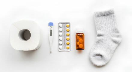 Items for Sickness Relief: Thermometer, Medicine, Tissue Roll, and Sock
